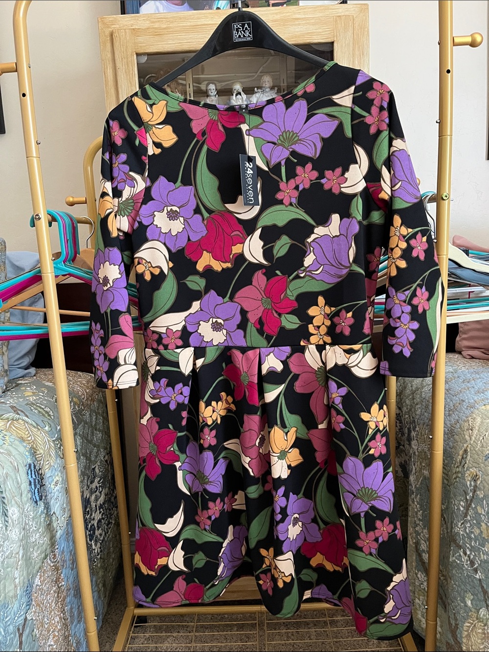 Seven7 Black Floral Long Sleeve Fit & Flare Dress with Purple, Pink and Green